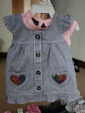 Striped Blue & Pink Heart Embroidered Girls' Casual Dress